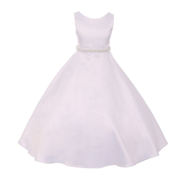 Kids Dream Little Girls White A-Line Satin Pearl Trim Flower Girl Dress 4-6 - SophiasStyle.com